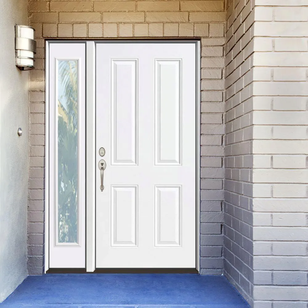 Steves & Sons 51 in. x 80 in. 4-Panel Primed White Right-Hand Steel Prehung Front Door with 12 in. Clear Glass Sidelite, 4-9/16 in. Jamb, photo 2 of 9