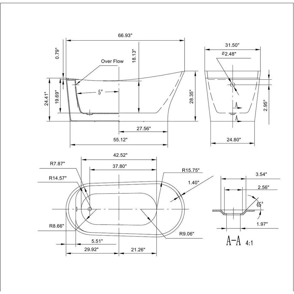 Empava 67 in. Acrylic Single Slipper Flatbottom Bathtub Non-Whirlpool Freestanding Soaking Tub in White, photo 5 of 7