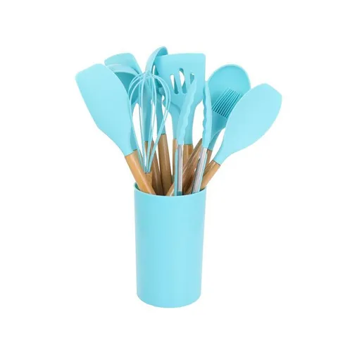 Light Teal Silicone and Wood Cooking Utensils (Set of 12)