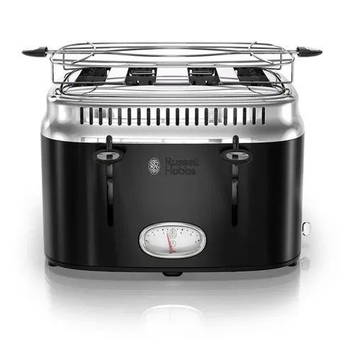 Retro Style 4-Slice Black Stainless Steel Toaster with Built-In Timer