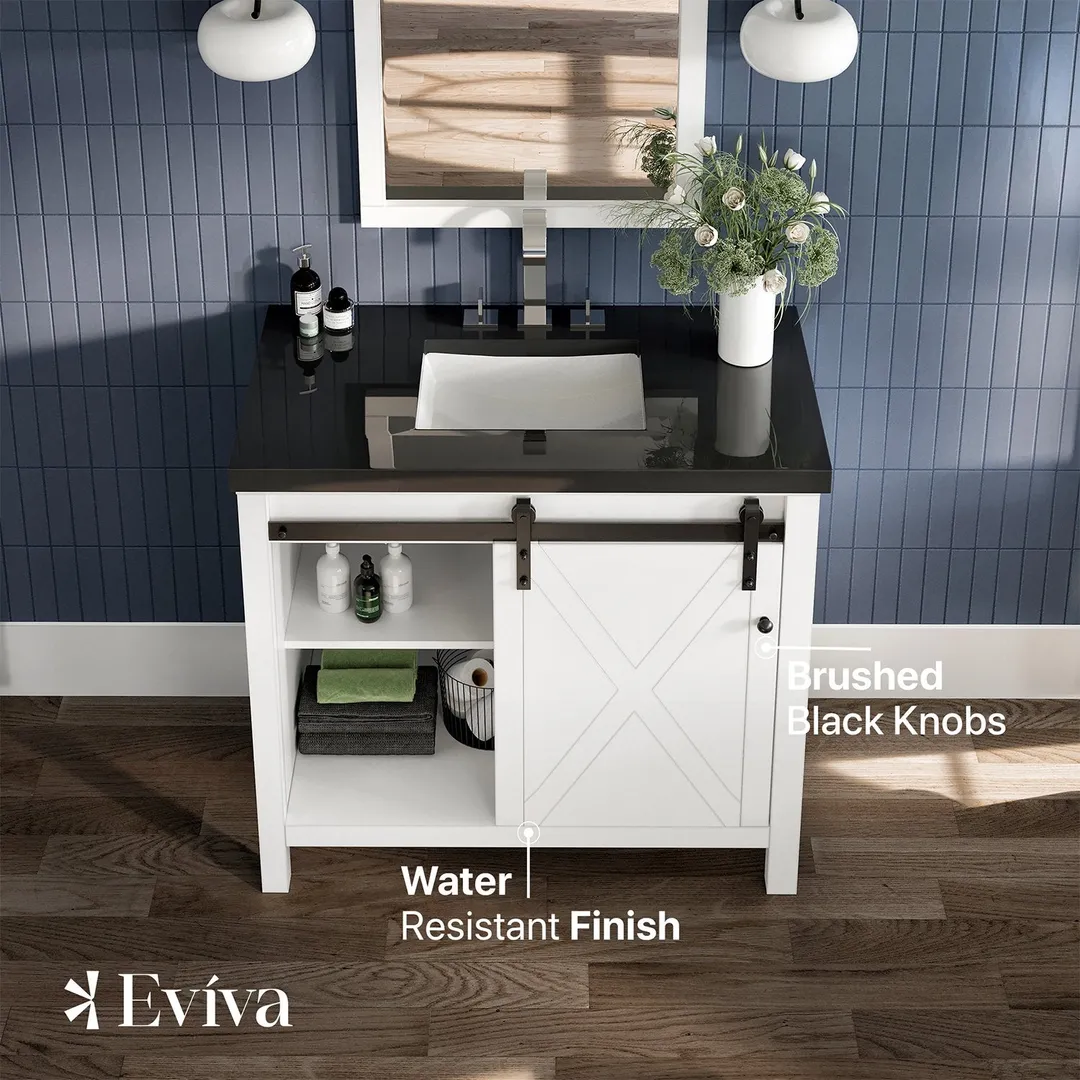 Eviva Dallas 36 in. W x 22 in. D x 34 in. H Bath Vanity in White with Black Granite Top and Black Sink, photo 4 of 7