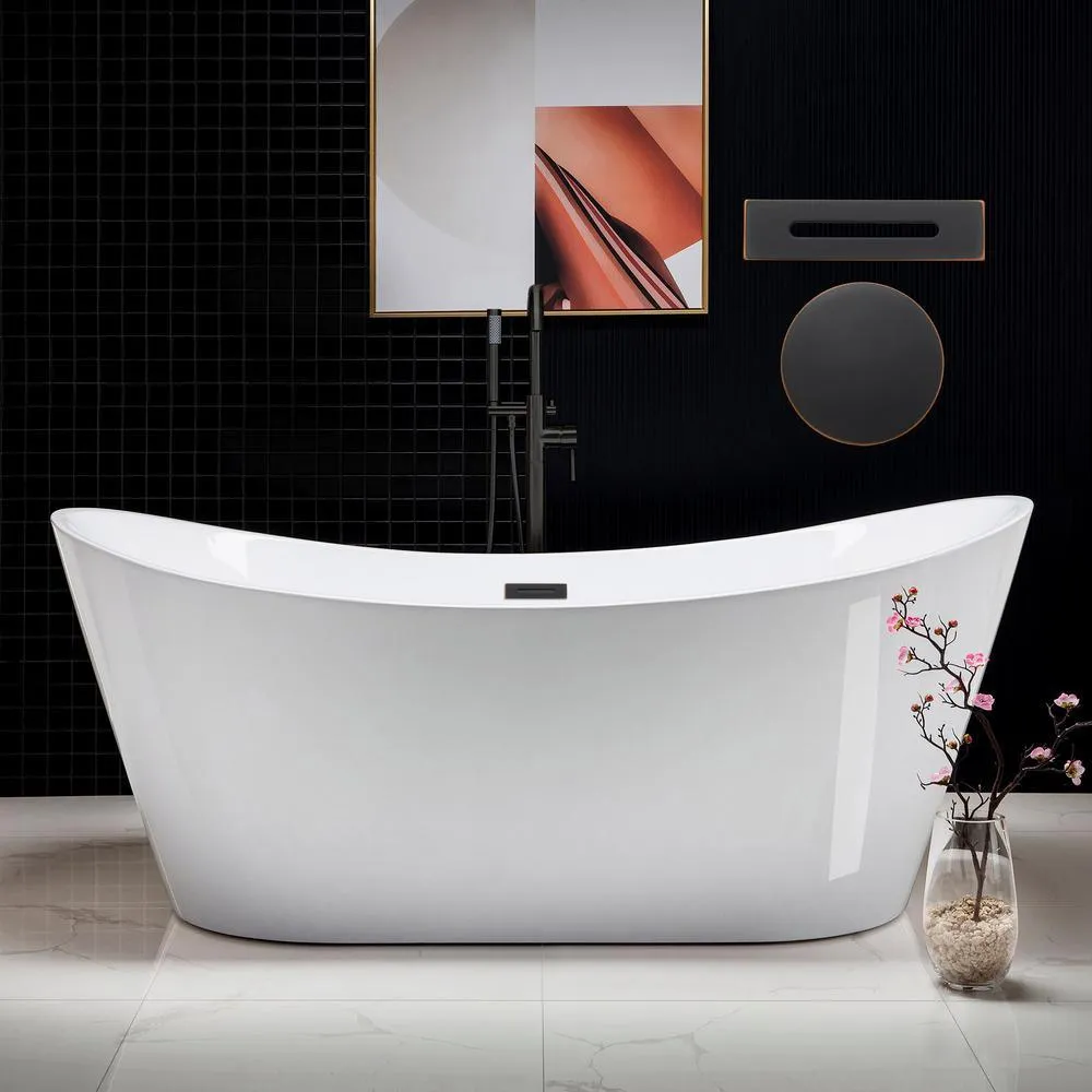 WOODBRIDGE Salou 71 in. Acrylic Freestanding Double Slipper Flat Bottom Bathtub with Chrome Drain and Overflow Included in White, photo 7 of 9
