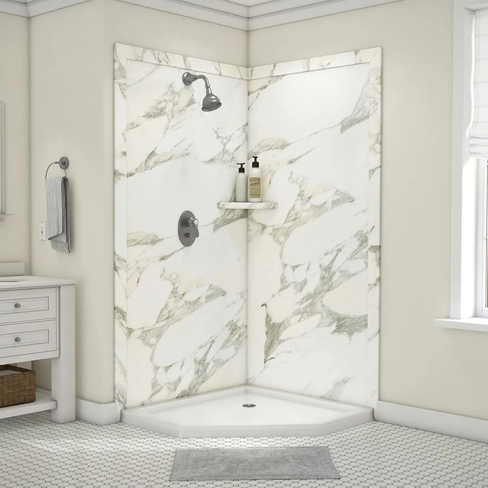 Splendor 40 in. x 40 in. x 80 in. 7-Piece Easy Up Adhesive Corner Shower Wall Surround in White, photo 21 of 24