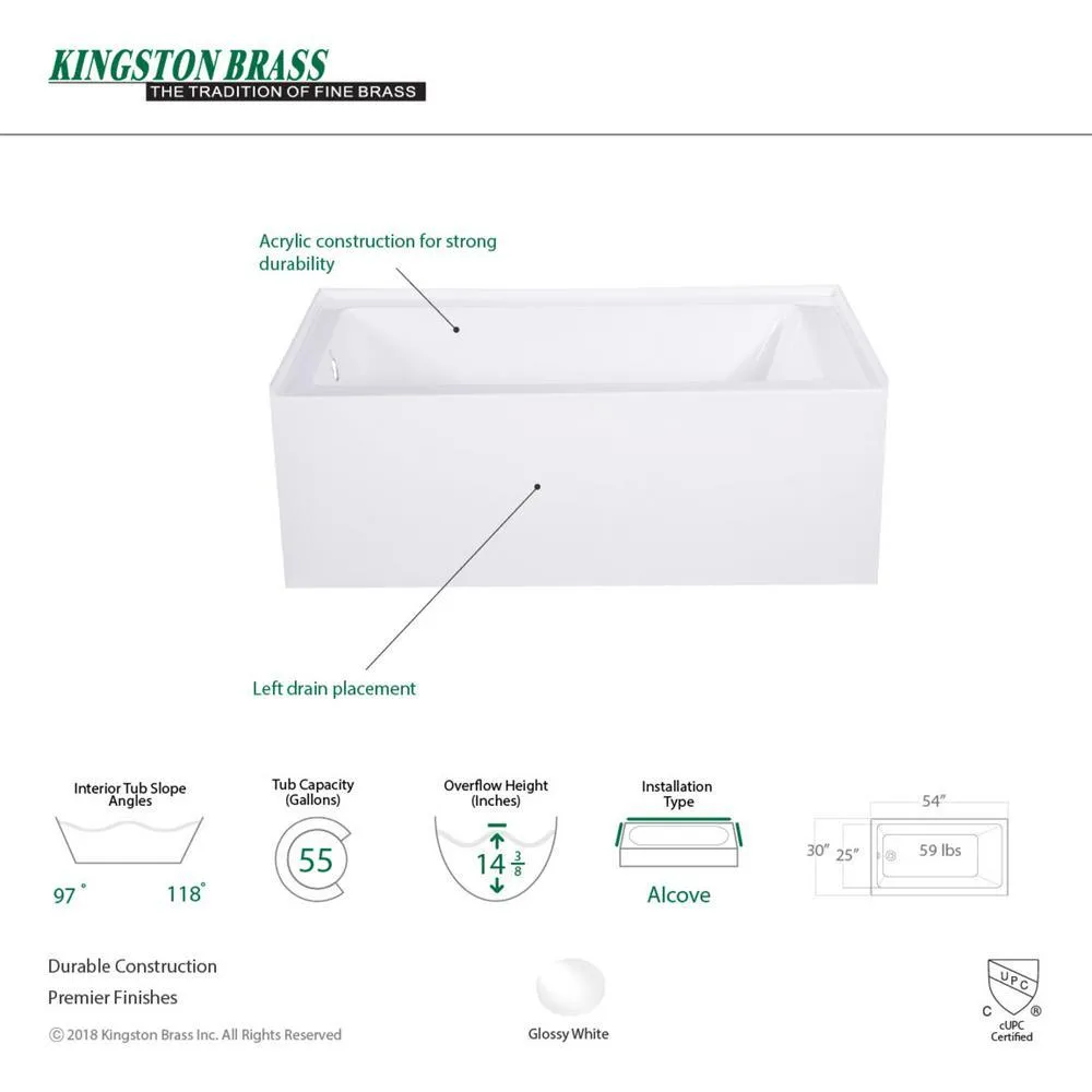 Aqua Eden Jenny 54 in. Acrylic Left-Hand Drain Rectangular Alcove Bathtub in White, photo 6 of 9