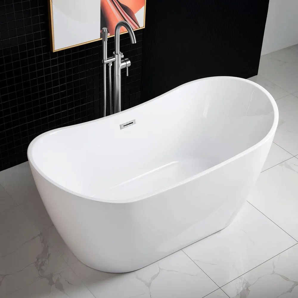 59 in. Acrylic Freestanding Double Slipper Flatbottom Soaking Bathtub with Drain and Overflow Included in White, photo 2 of 9