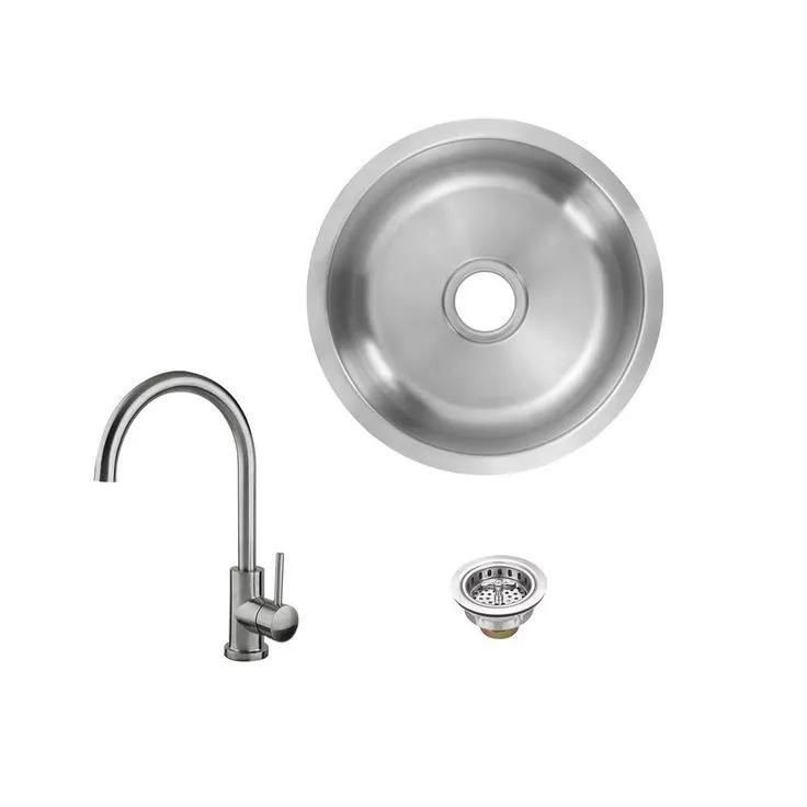All-in-1 Undermount 18-Gauge Stainless Steel 16 in. 0-Hole Round Single Bowl Bar Sink with Gooseneck Kitchen Faucet, photo 3 of 6