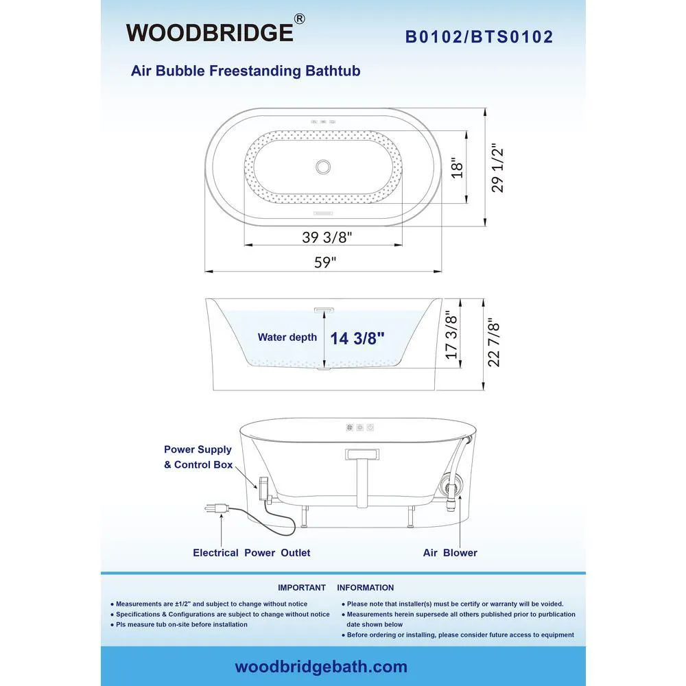 WOODBRIDGE Diana 59 in. Acrylic Freestanding Double-Ended Air Bath Bathtub with Chrome Drain & Overflow, White, photo 6 of 12