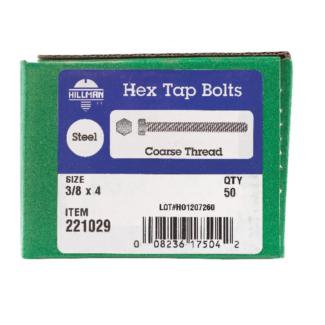 Hillman 3/8 in. Diameter x 4 in. Length Zinc-Plated Steel Hex Tap Bolts, Coarse Thread, 50-Pack, photo 2 of 2