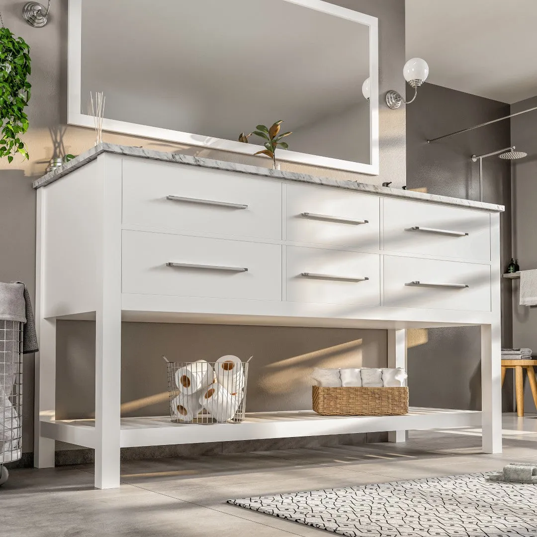 Eviva Natalie 60"W x 22"D White Double Sink Bathroom Vanity with White Carrara Marble Countertop and Undermount Porcelain Sinks, photo 5 of 7