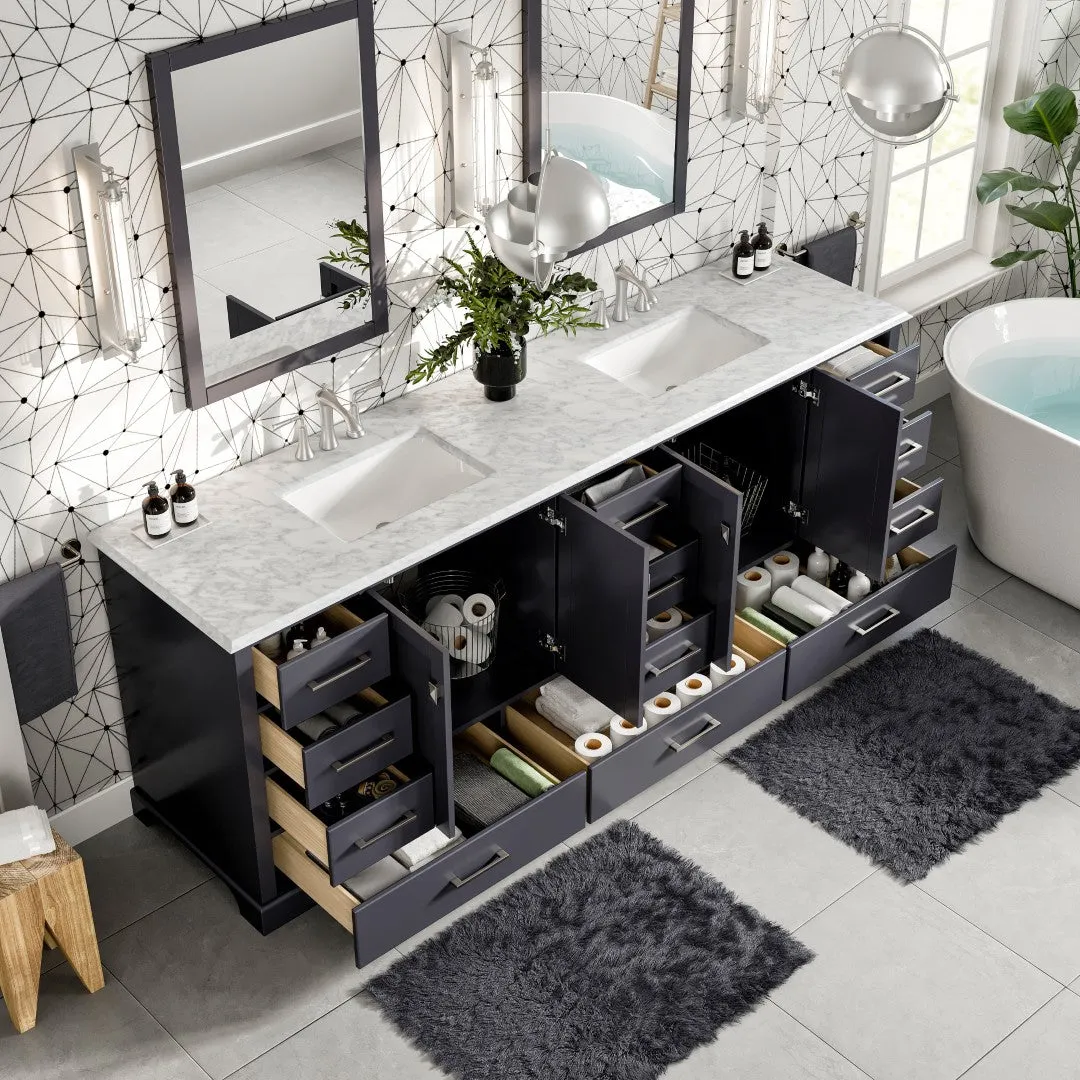 Eviva Storehouse 84 in. W x 22 in. D x 34 in. H Double Sink Bathroom Vanity in Dark Gray with White Carrara Marble Top and White Undermount Basins, photo 10 of 11