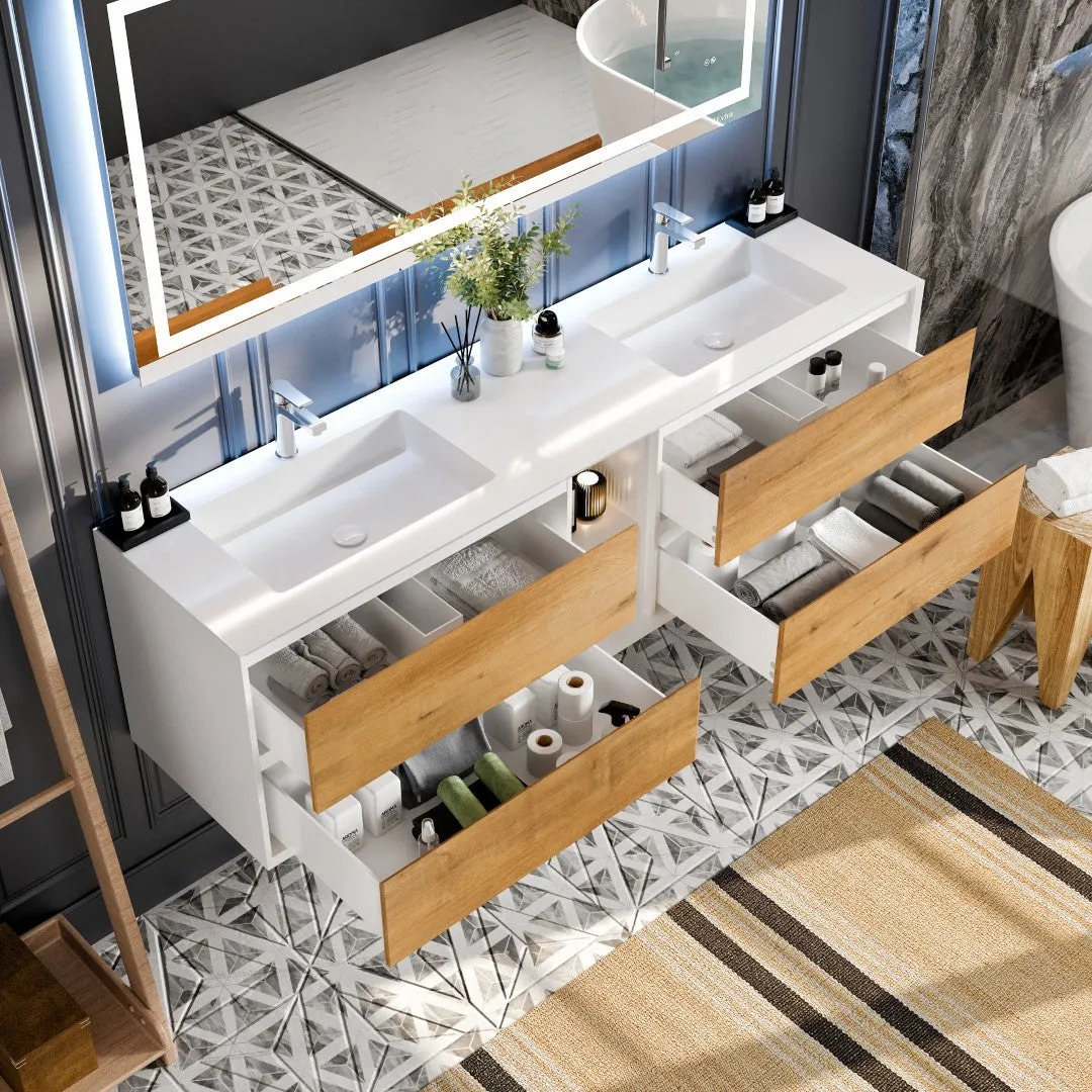 Eviva Vienna 75 in. W x 20.5 in. D x 22.5 in. H Floating Double Bathroom Vanity in Gray with White Acrylic Top, photo 5 of 7