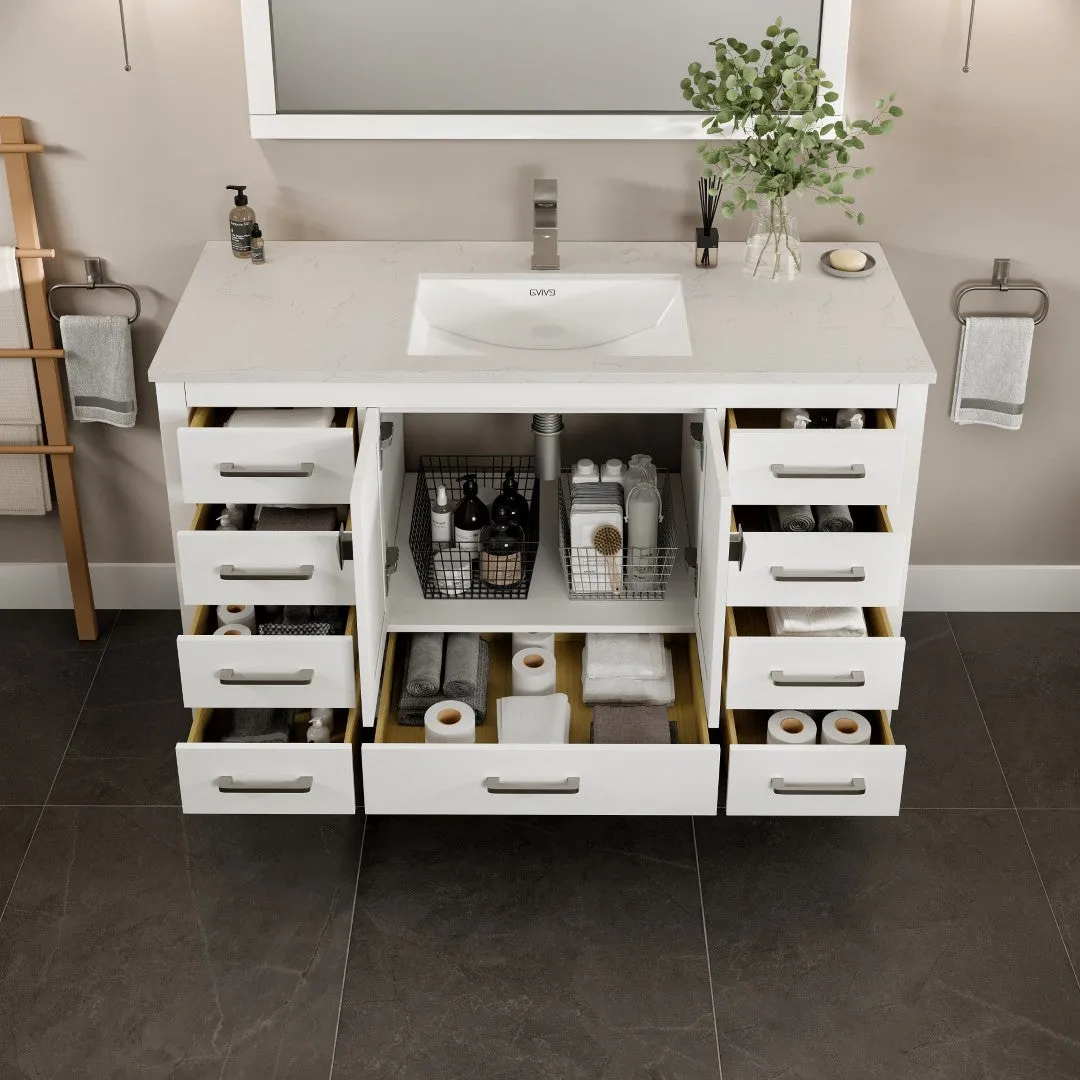 Eviva London 54 in. W x 18 in. D x 34 in. H Bathroom Vanity in White with White Carrara Marble/Quartz Top and White Sink, photo 5 of 7