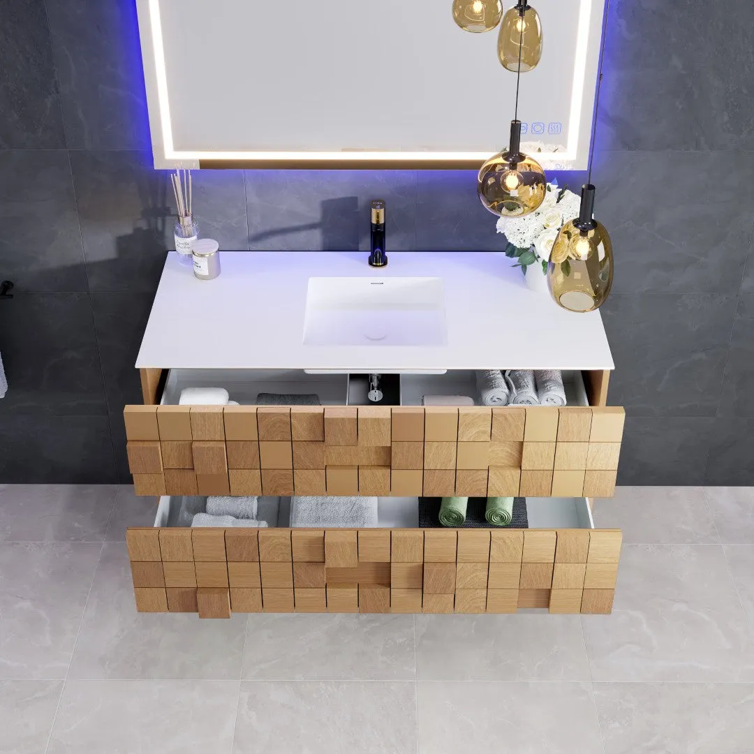 Eviva Mosaic 49"W x 20"D Natural Oak Wall Mount Bathroom Vanity with White Solid Surface Countertop and Integrated Sink, photo 4 of 7