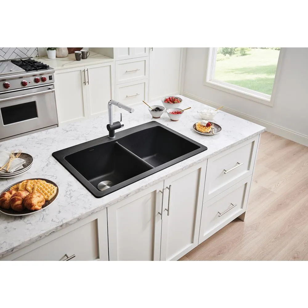 DIAMOND Dual-Mount Granite Composite 33 in. 1-Hole 50/50 Double Bowl Kitchen Sink in Anthracite, photo 3 of 11