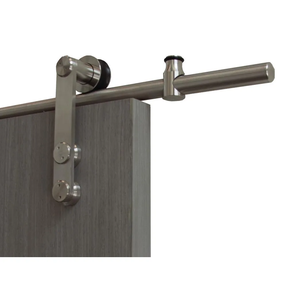 Pacific Entries 36 in. x 84 in. 4-Lite Driftwood Clear Coat Interior Sliding Barn Door with Round Stainless Steel Hardware Kit, photo 3 of 3