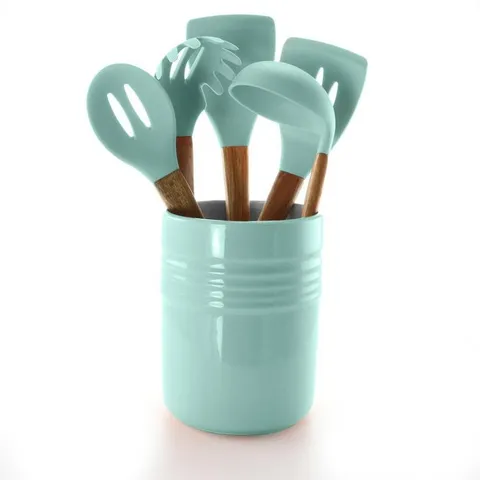 Plaza Cafe 5-Piece Kitchen Tools with Sky Blue Ceramic Crock