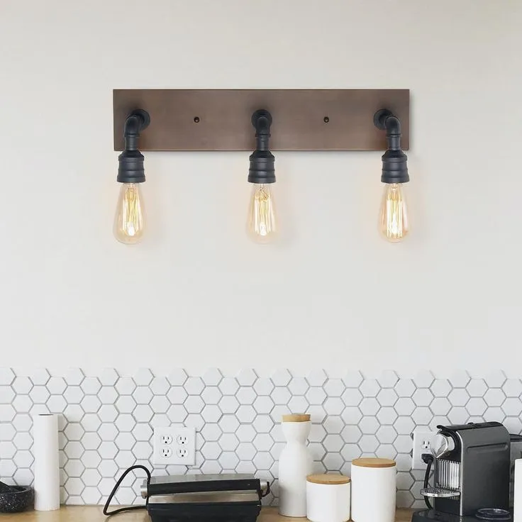 LNC Wayner 3-Light Black Farmhouse Bath Vanity Light Water Pipe Wall Sconce with Painted Chesnut Wood Accent LED Compatible, photo 5 of 11