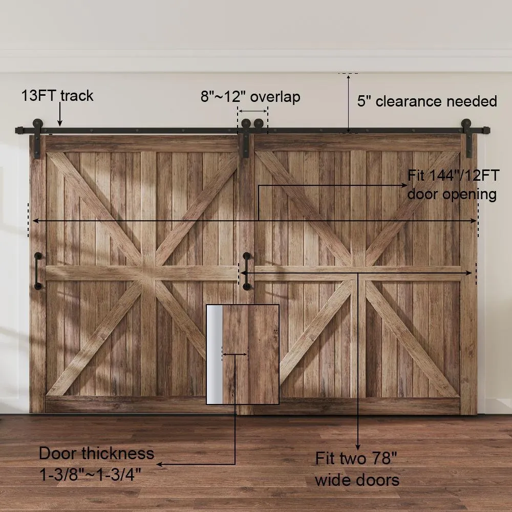 WINSOON 13 ft./156 in. Single Track Bypass Sliding Barn Door Hardware Kit for Double Doors Low Ceiling, photo 6 of 7