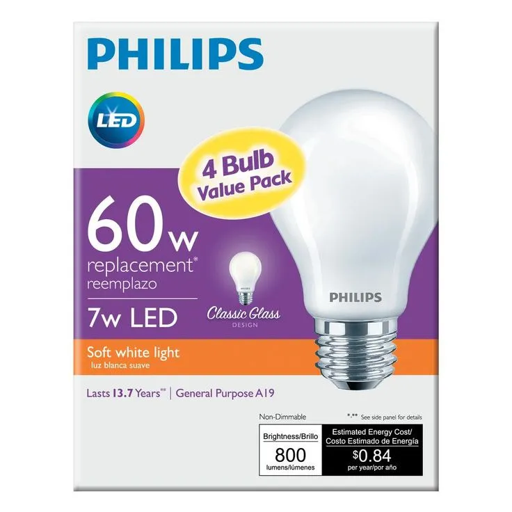 Philips 60-Watt Equivalent A19 Non-Dimmable Energy Saving Frosted Classic Glass LED Light Bulb Soft White (2700K) (4-Pack), photo 7 of 7