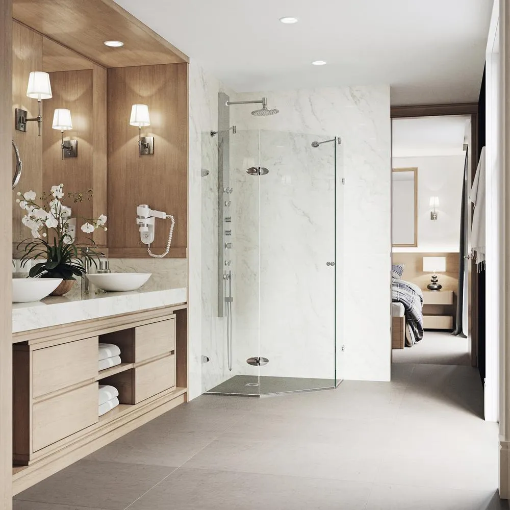 Verona 36.125 in. x 73.375 in. Frameless Neo-Angle Hinged Corner Shower Enclosure in Chrome with Clear Glass, photo 2 of 10
