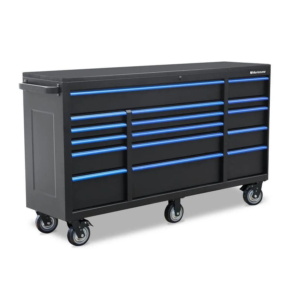 Montezuma 72 in. x 20 in. 16-Drawer Roller Cabinet Tool Chest with Power and USB Outlets in Black and Blue, photo 5 of 11