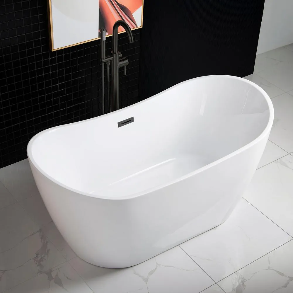 WOODBRIDGE Carver 59 in. Acrylic Freestanding Double Slipper Soaking Bathtub with Chrome Drain & Overflow, White, photo 3 of 11