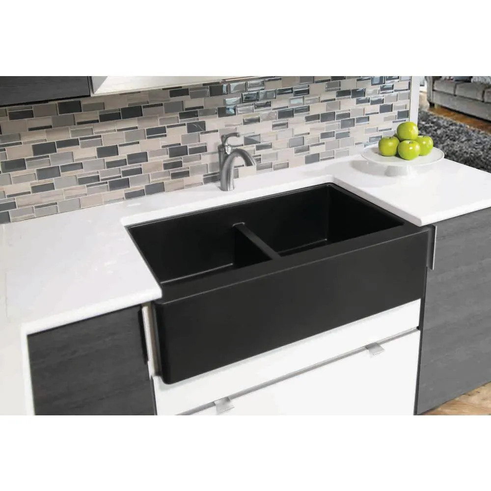 Farmhouse Apron Front Quartz Composite 34 in. Double Bowl Kitchen Sink in Black, photo 5 of 20