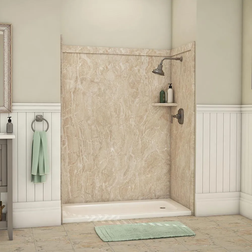 FlexStone Royale 36 in. x 60 in. x 80 in. 11-Piece Easy Up Adhesive Alcove Bathtub/Shower Wall Surround in Calacatta White, photo 8 of 26