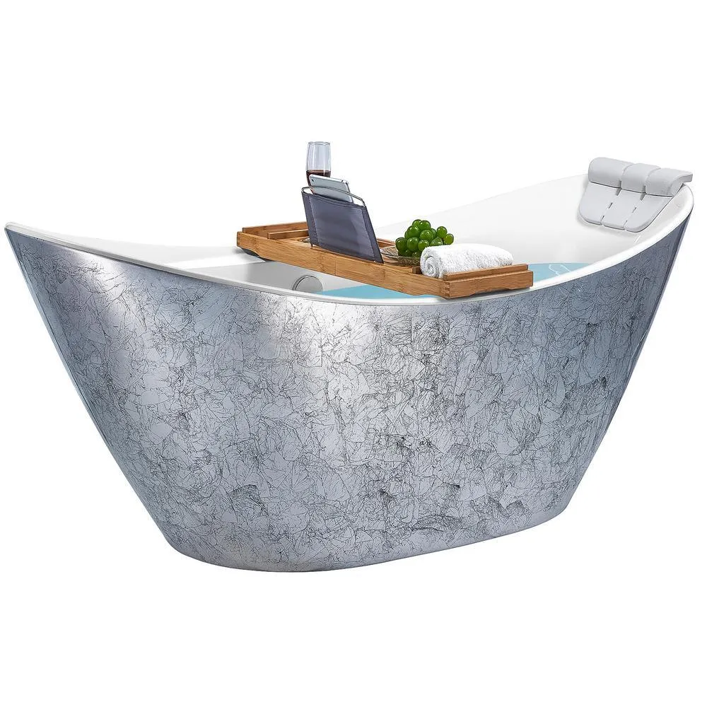 Freestanding 67 in. Acrylic Flatbottom Bathtub Modern Stand Alone Tub Luxurious SPA Tub in Glossy Silver, photo 2 of 7