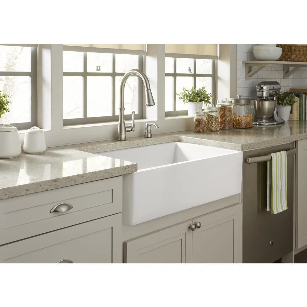Bradstreet II Farmhouse Fireclay 30 in. Single Bowl Kitchen Sink with Strainer Drain in Crisp White, photo 9 of 13