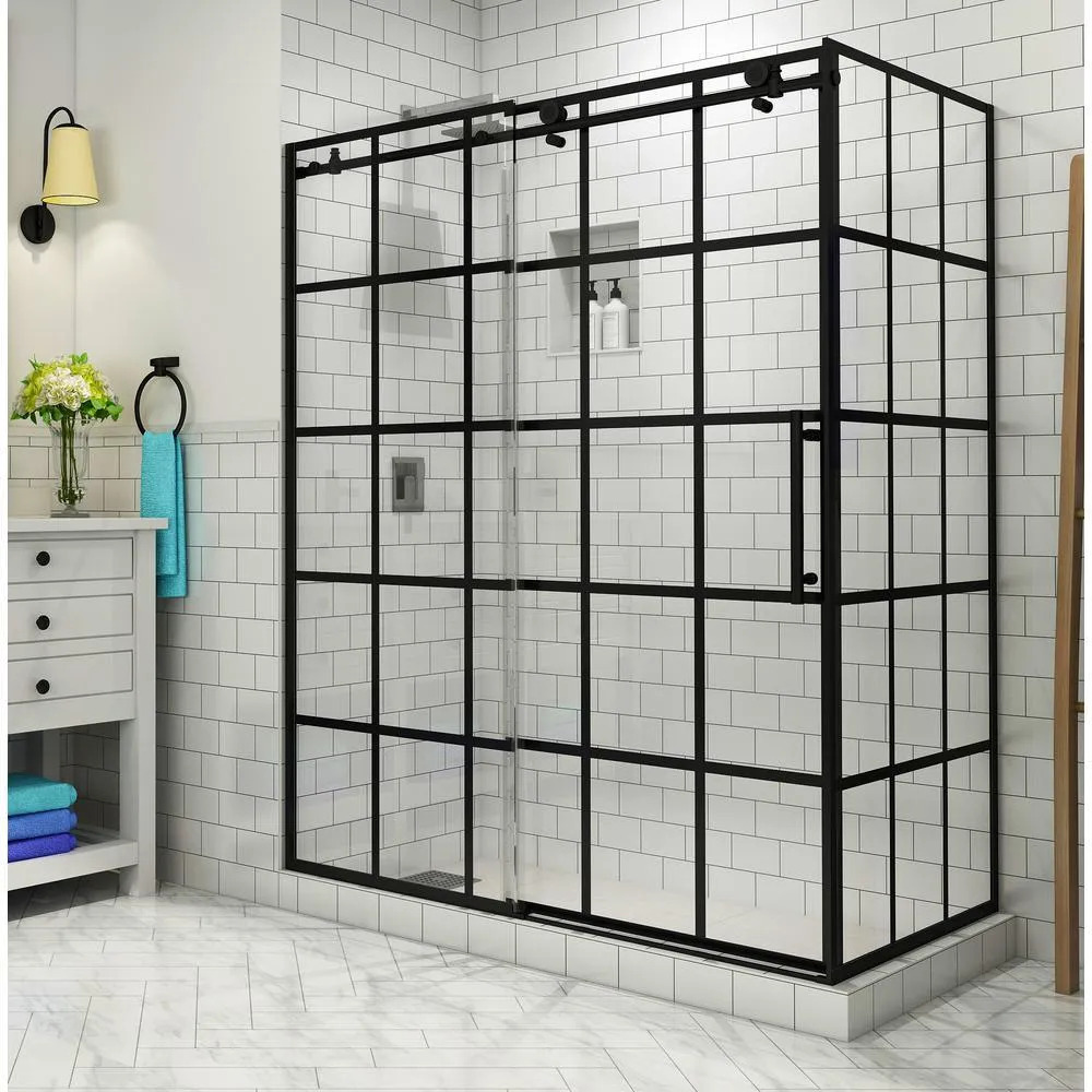 Kamaya 56 in. - 60 in. x 33.875 in. x 76 in. Frameless Sliding Shower Enclosure in Matte Black, Left Open, photo 8 of 8