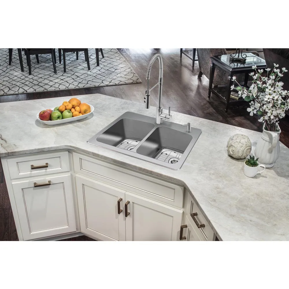 Dual Mount 18-Gauge Stainless Steel 33 in. 2-Hole 50/50 Double Bowl Kitchen Sink with Grid and Drain Assemblies, photo 5 of 6