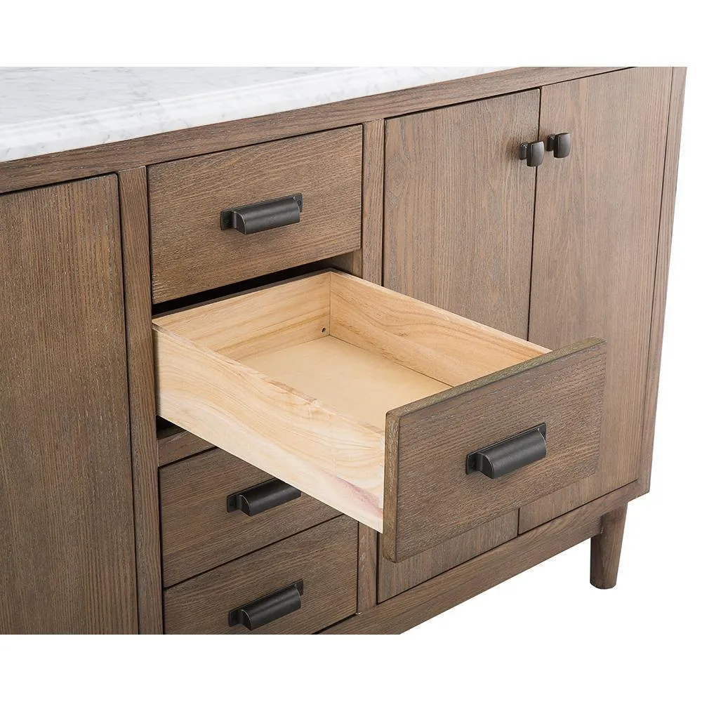 Brisbane 61 in. W x 22 in. D Double Bath Vanity in Weathered Grey Oak with Natural Marble Vanity Top in White, photo 5 of 11