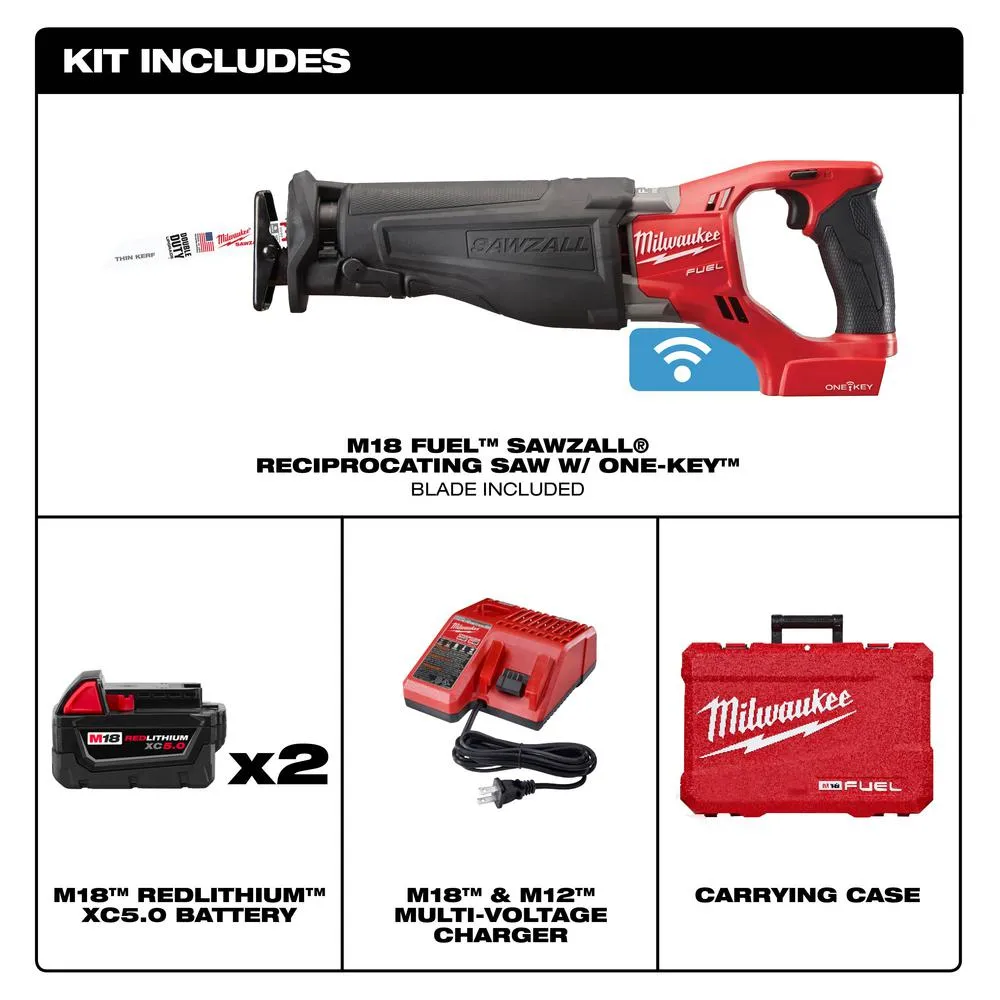 M18 FUEL ONE-KEY 18-Volt Lithium-Ion Brushless Cordless SAWZALL Reciprocating Saw Kit with Two 5.0 Ah Batteries, Case, photo 2 of 7