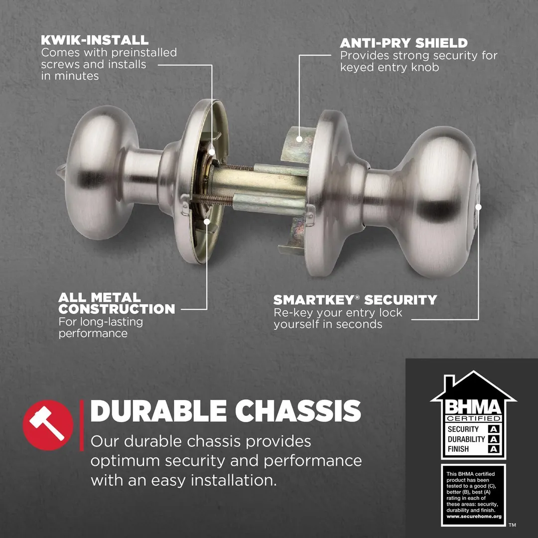 Kwikset SmartKey Juno Satin Nickel Knob and Single Cylinder Deadbolt, ANSI/BHMA Grade 2, KW1, 1-3/4 in., photo 3 of 8