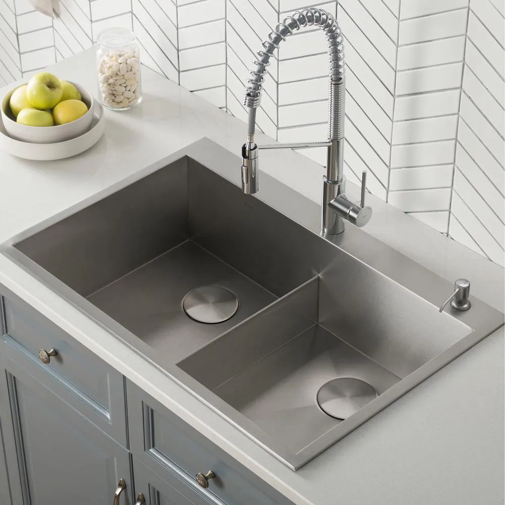 Pax Drop-In Stainless Steel 33 in. 2-Hole 50/50 Double Bowl Kitchen Sink, photo 2 of 15