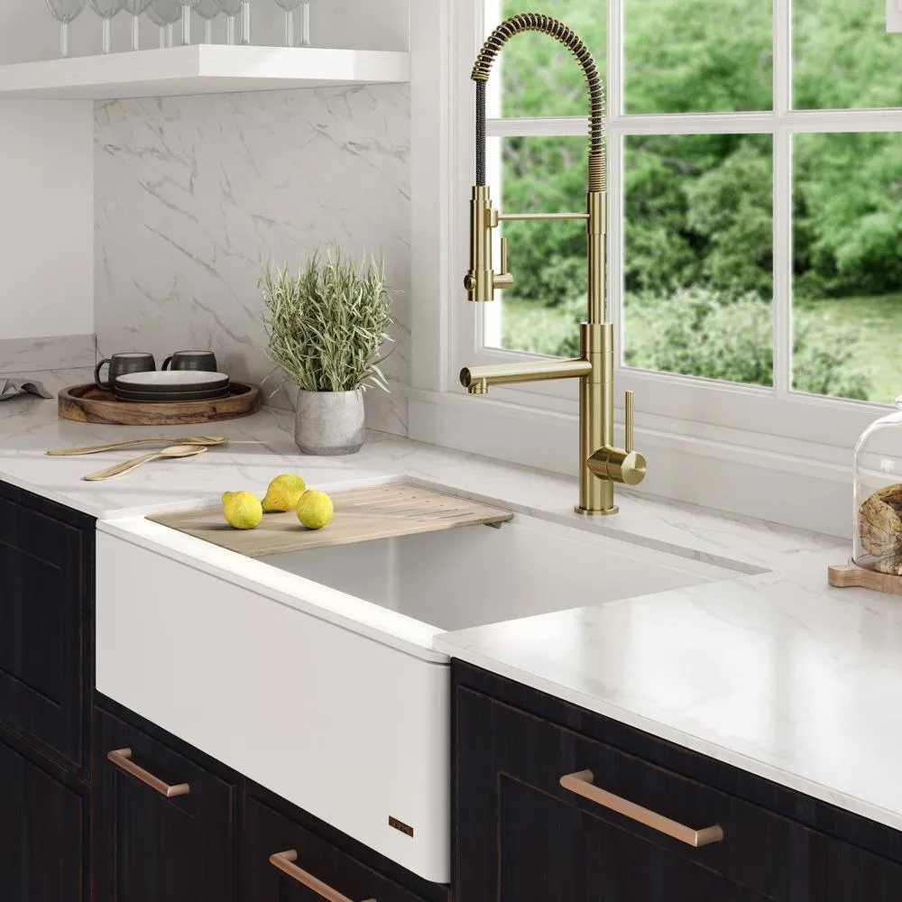 Bellucci 33in. CeramTek Granite/Quartz Composite Farmhouse ApronFront Single Bowl Kitchen Sink w/ Cutting Board in White, photo 4 of 16