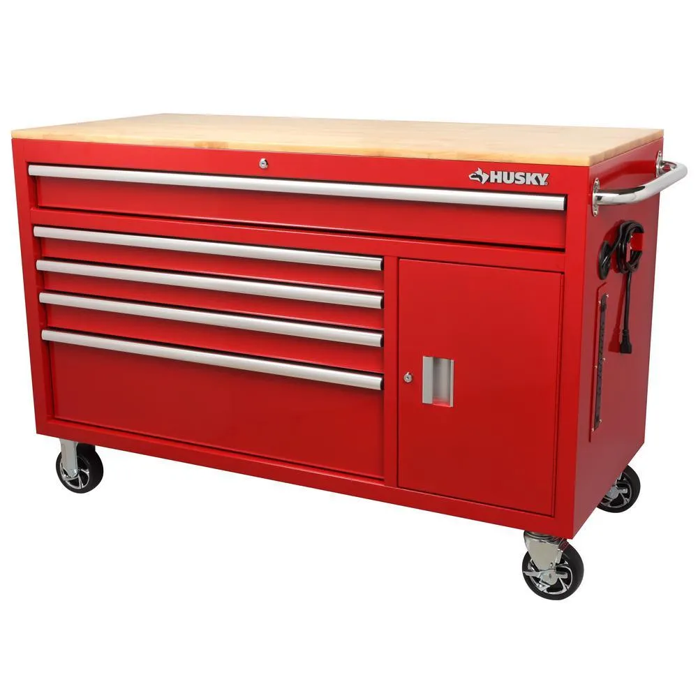 56 in. W x 24.5 in. D 5-Drawer 1-Door Tool Chest Mobile Workbench with Solid Wood Top in Matte Gray, photo 16 of 20