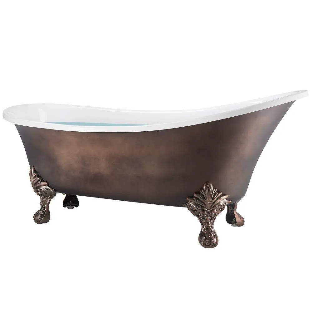 69 in. Acrylic Double Slipper Clawfoot Non-Whirlpool Bathtub in Matte Antique Brass, photo 4 of 9