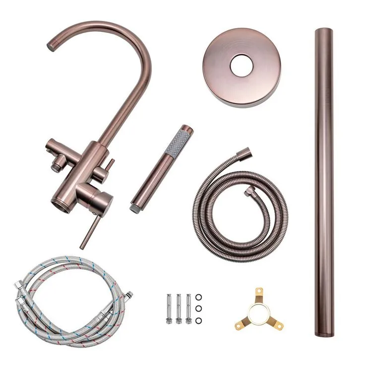 2-Handle 45.47 in. Freestanding Floor Mount Tub Faucet Bathtub Filler with Hand Shower in Brushed Bronze, photo 4 of 8