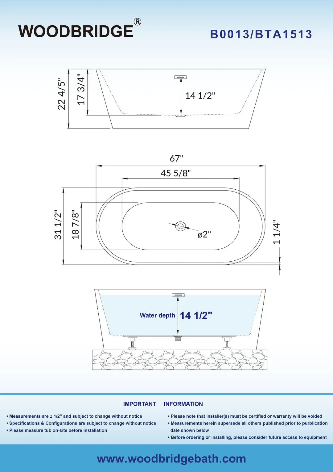WOODBRIDGE 67 in. L x 31.5 in. W Acrylic Freestanding Flat-Bottom Soaking Bathtub, White, with Brushed Nickel Overflow & Drain, photo 3 of 6