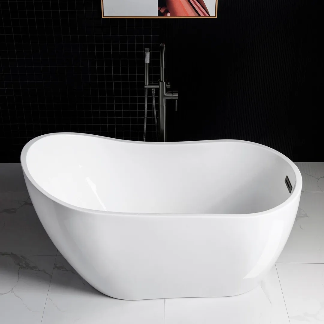 WOODBRIDGE Willingboro 54 in. Acrylic Flatbottom Double-Ended Freestanding Bathtub with Oil-Rubbed Bronze Overflow & Drain, White, photo 4 of 7