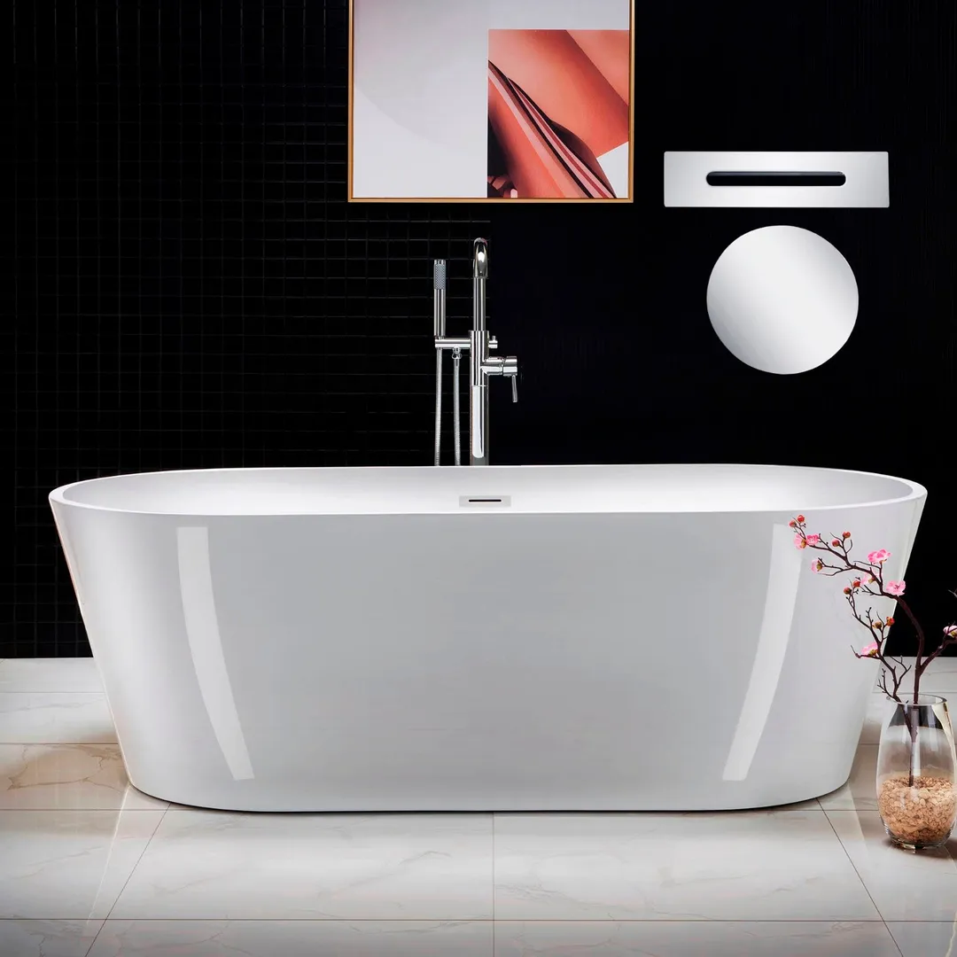 WOODBRIDGE Salou 71 in. Acrylic Freestanding Double Slipper Flat Bottom Bathtub with Chrome Drain and Overflow Included in White, photo 8 of 9