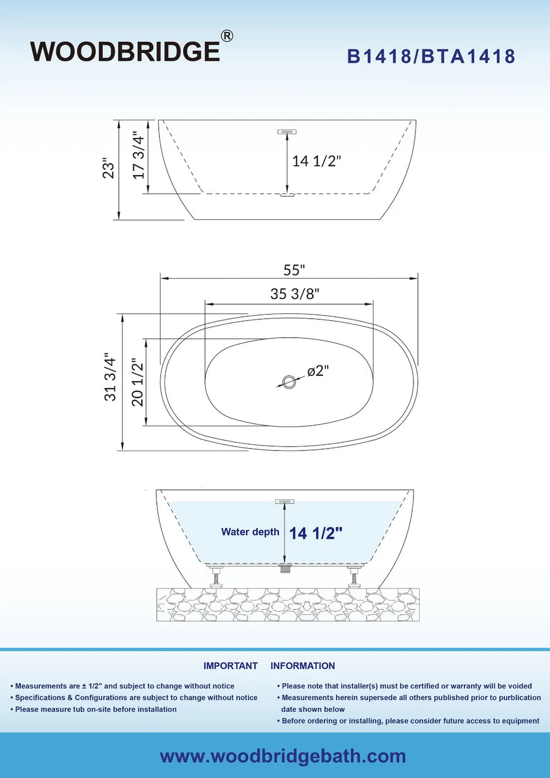 WOODBRIDGE Garfield 55 in. Acrylic Freestanding Double-Ended Soaking Bathtub with Drain and Overflow, White, photo 9 of 9