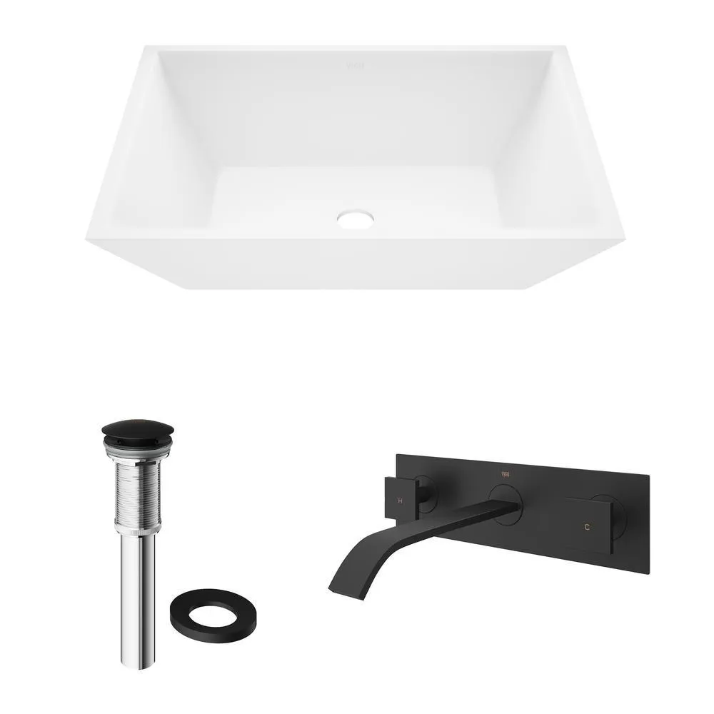 VIGO Vinca White Matte Stone Vessel Bathroom Sink Set with Titus Wall Mount Faucet in Matte Black, photo 4 of 12
