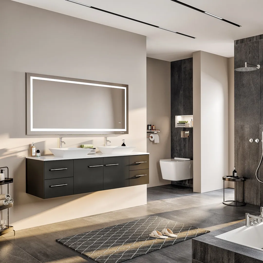 Eviva Totti Wave 72 in. W x 16 in. D x 22 in. H Double Bathroom Vanity, Espresso, White Glassos Top, White Vessel Sinks, photo 2 of 8