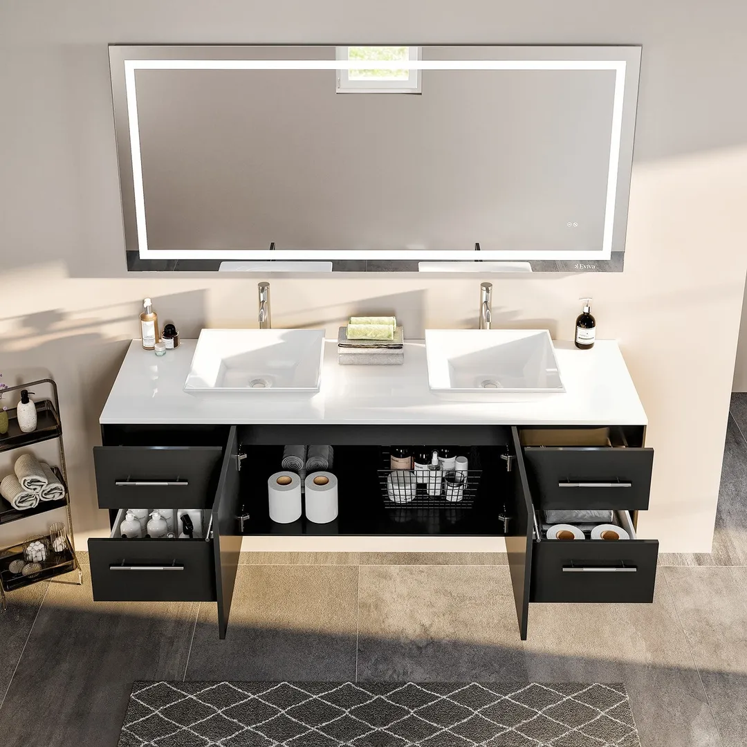 Eviva Totti Wave 72 in. W x 16 in. D x 22 in. H Double Bathroom Vanity, Espresso, White Glassos Top, White Vessel Sinks, photo 3 of 8