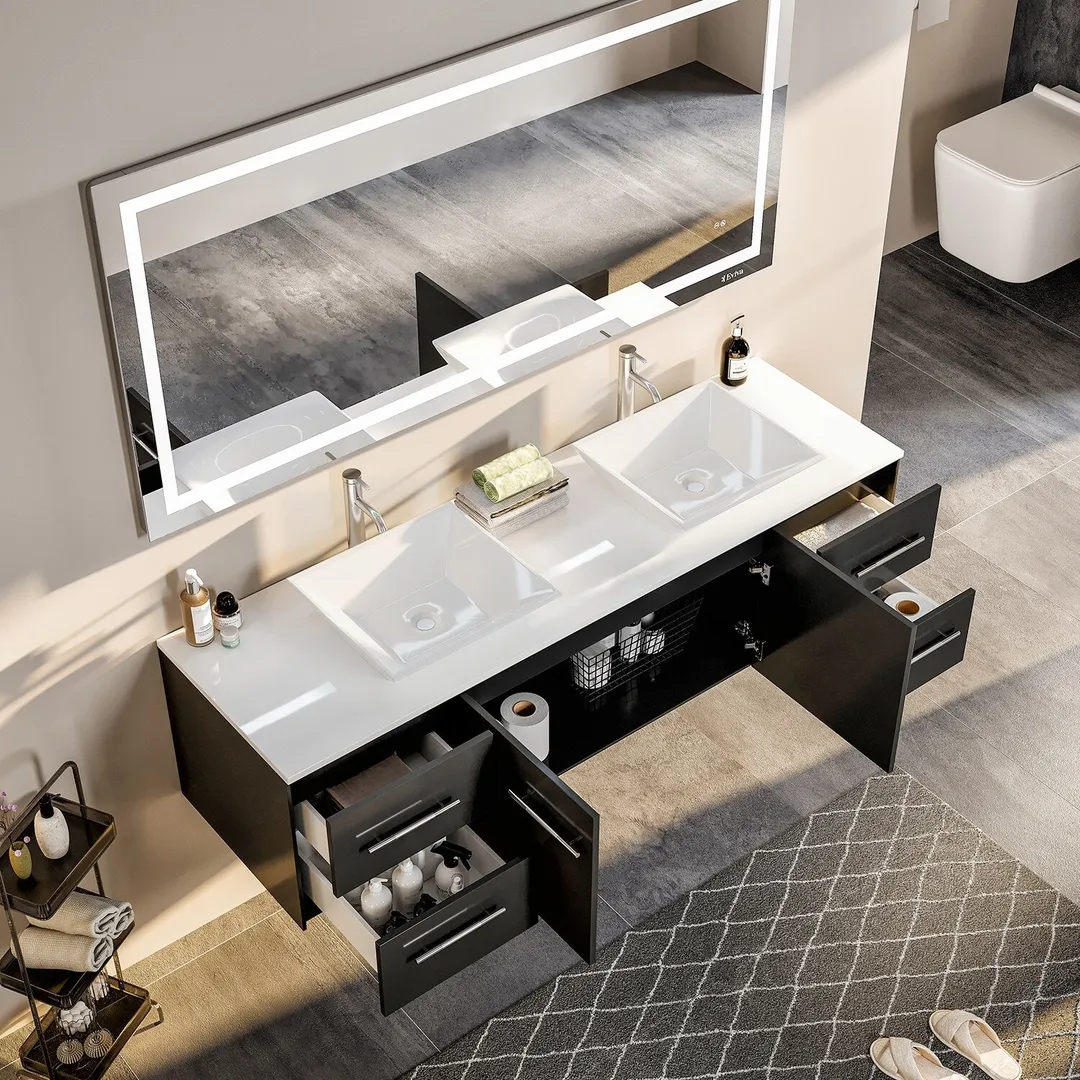 Eviva Totti Wave 72 in. W x 16 in. D x 22 in. H Double Bathroom Vanity, Espresso, White Glassos Top, White Vessel Sinks, photo 5 of 8