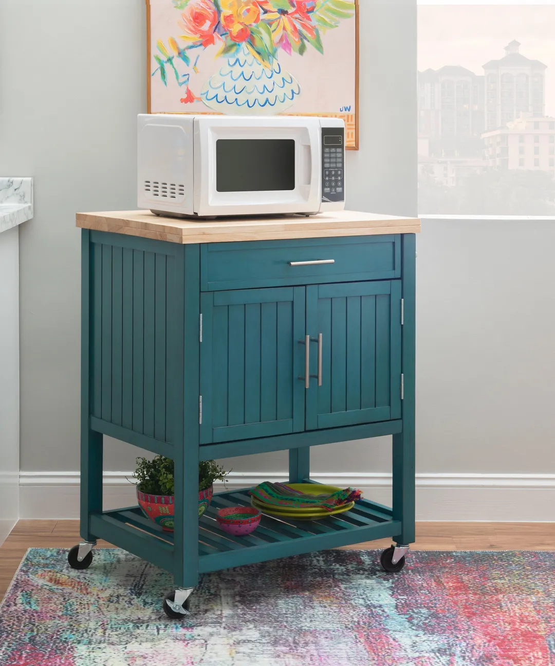 Powell Green Wood Base with Wood Butcher Block Top Rolling Kitchen Cart (28-in x 20.25-in x 33.5-in), photo 8 of 15
