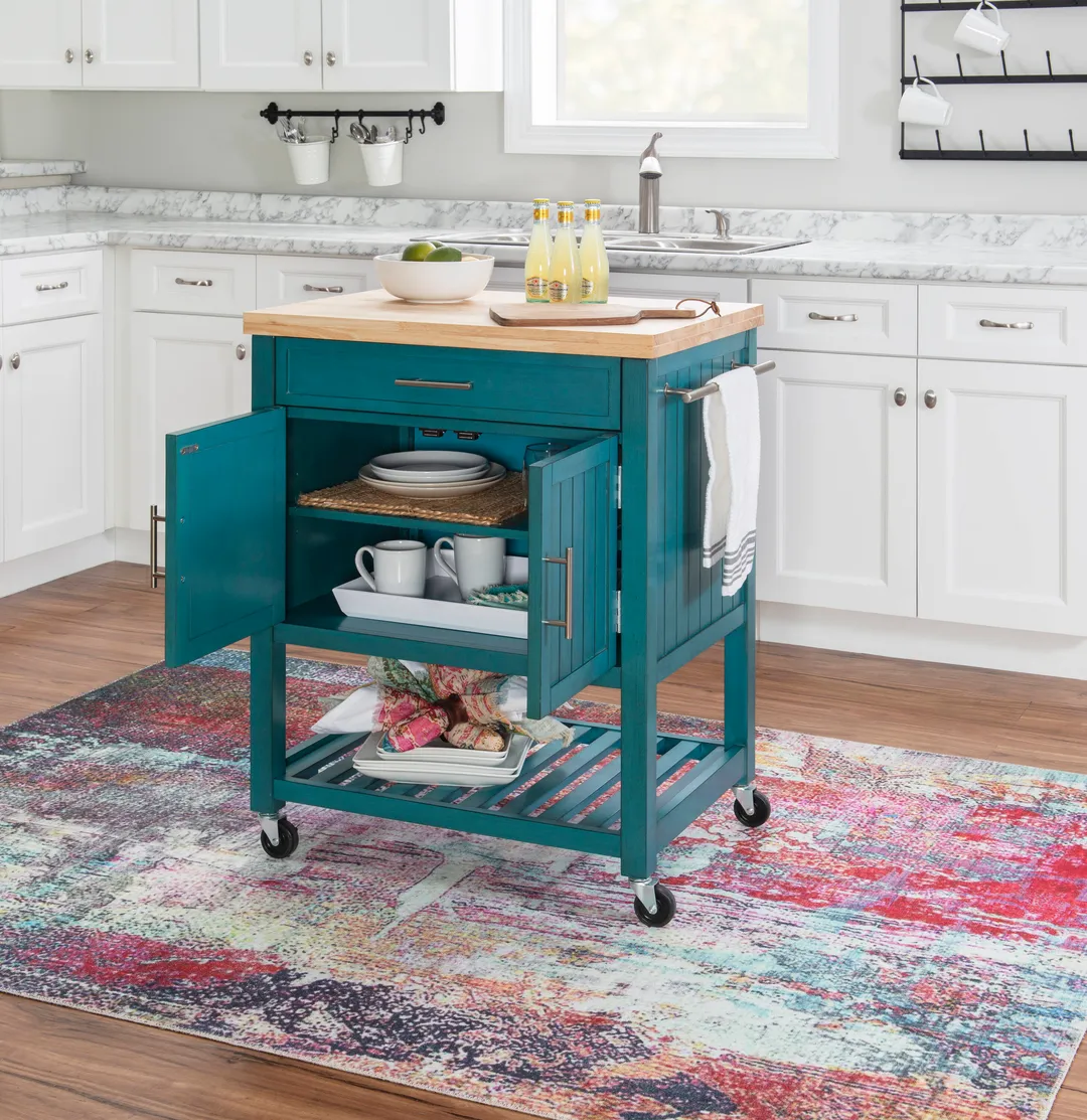 Powell Green Wood Base with Wood Butcher Block Top Rolling Kitchen Cart (28-in x 20.25-in x 33.5-in), photo 6 of 15